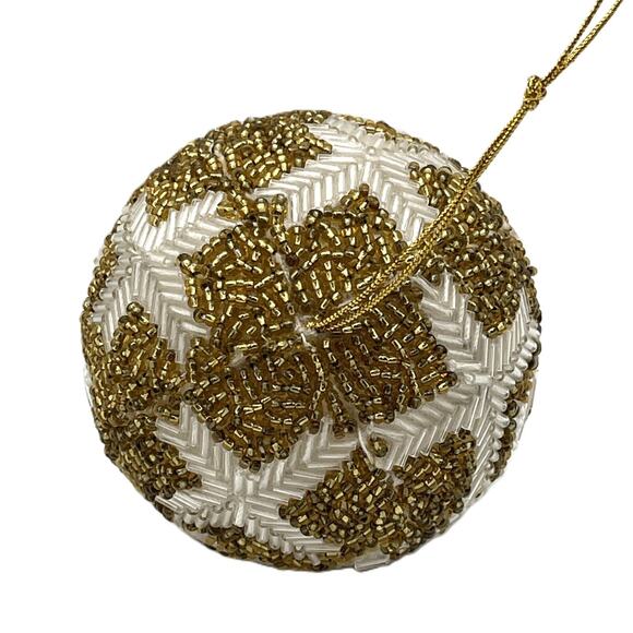 Beaded Christmas Ball Ornaments Handmade White Gold Beads Holiday Tree Decor - Picture 4 of 6